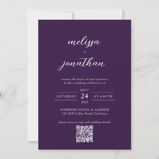 Modernes PflaumenLila Foto Script QR Code Hochzeit Einladung (Vorderseite)