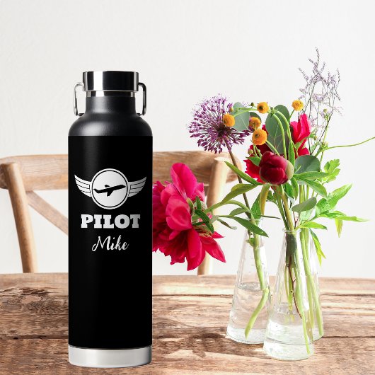 Modernes PILOT-Typografie-Flugzeug, Schwarz/Weiß Trinkflasche