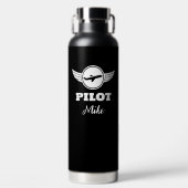 Modernes PILOT-Typografie-Flugzeug, Schwarz/Weiß Trinkflasche (Vorderseite)