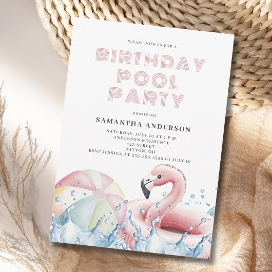 Modernes Pink Birthday Pool Party Einladung