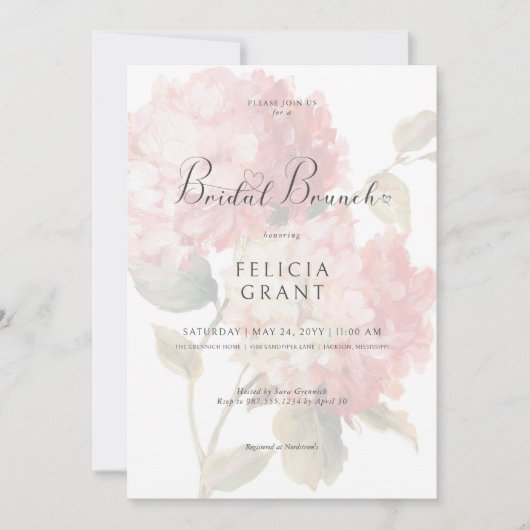 Modernes Pink Blush Hydrangea Bridal Brunch Einladung (Vorderseite)