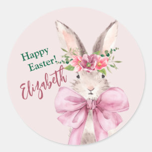 Modernes Pink-Bogen-Hase Happy-Osterkaninchen Runder Aufkleber