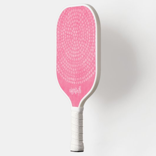 Modernes Pink Boho Dot Pattern - Bounce Skriptname Pickleball Schläger (Links)
