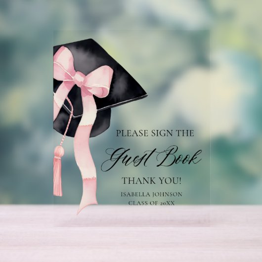Modernes Pink Bow Graduation Party Guest Book Sign Acrylschild (Neutral)