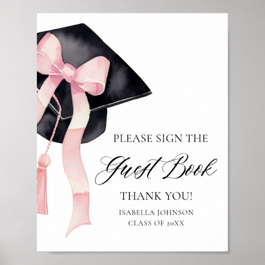Modernes Pink Bow Graduation Party Guest Book Sign Poster (Vorne)