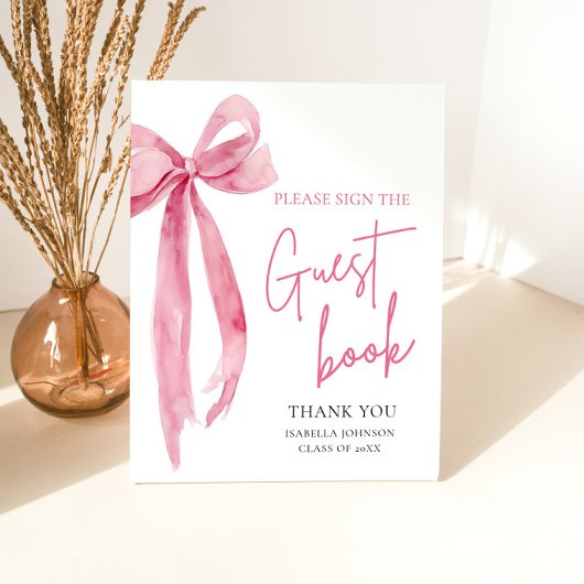 Modernes Pink Bow Graduation Party Guest Book Sign Sockelschild