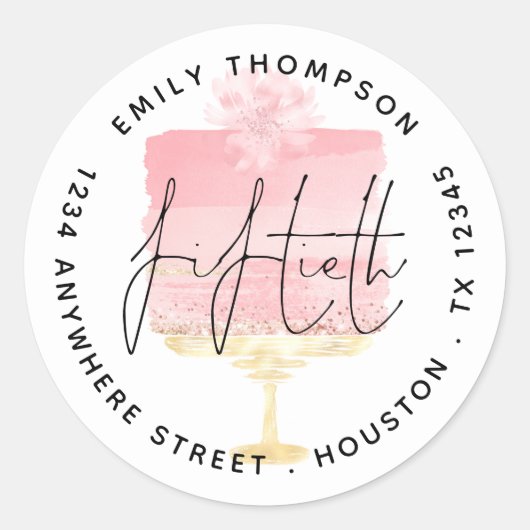 Modernes Pink Cake Script 50th Name Rücksendeadres Runder Aufkleber (Vorderseite)