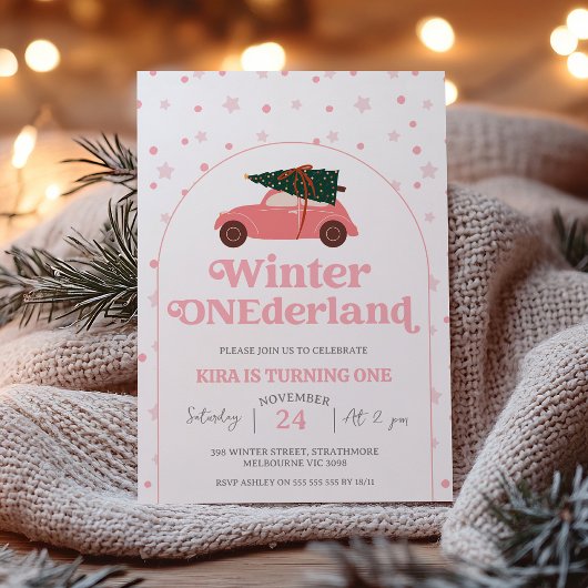 Modernes Pink Car Winter Onederland 1. Geburtstag Einladung