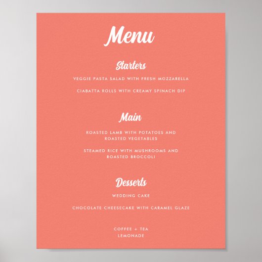 Modernes Pink Coral Script Wedding Menu Sign Poster (Vorne)