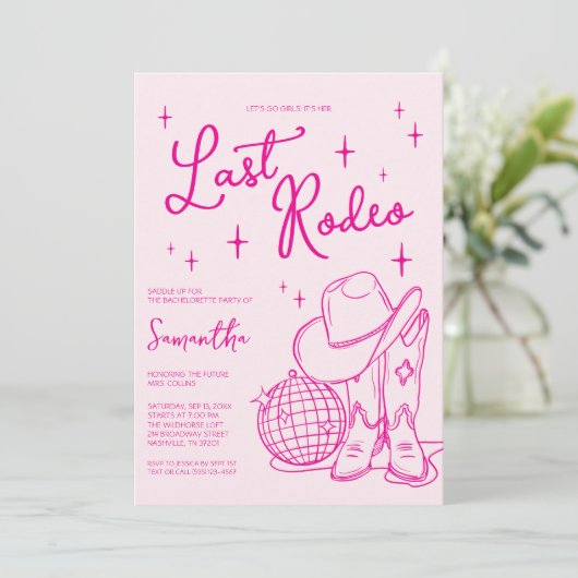 Modernes Pink Cowgirl Letztes Rodeo Junggeselinnen Einladung (Stehend Vorderseite)