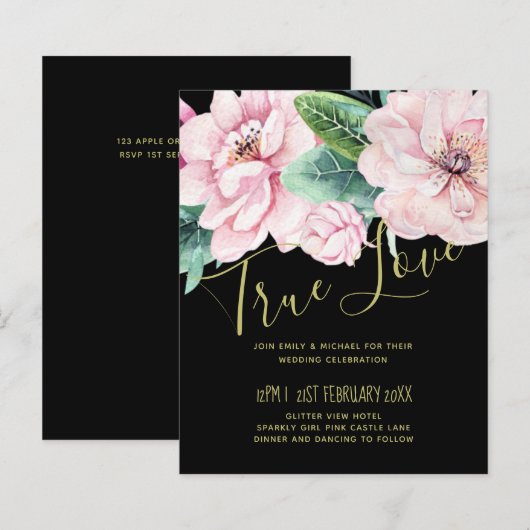 Modernes Pink Floral Black Wedding Budget (Vorne/Hinten)