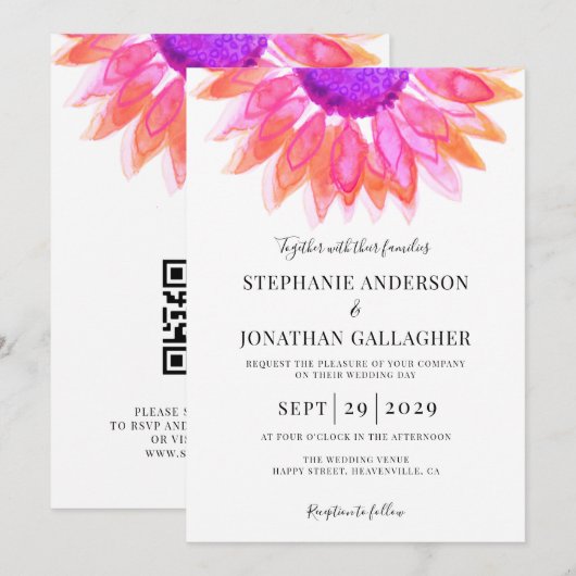 Modernes Pink Floral QR Code Hochzeit Einladung (Vorne/Hinten)