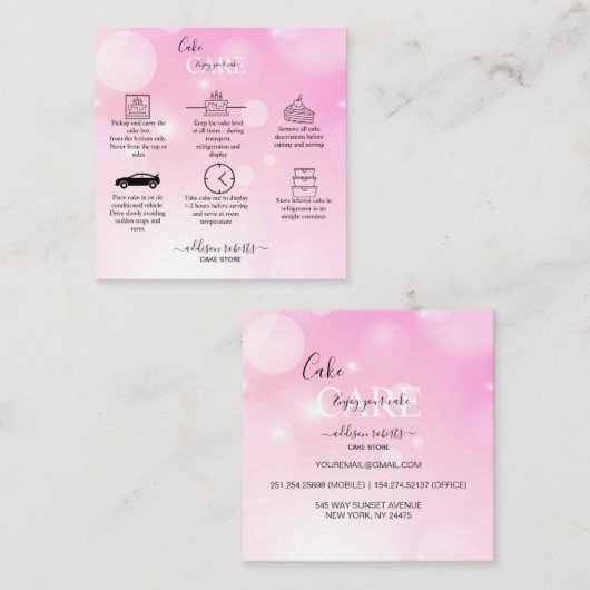 Modernes Pink Girly Gradient Cake Care Square Busi Quadratische Visitenkarte (Vorne/Hinten)