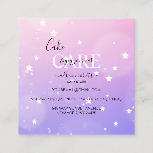 Modernes Pink Girly Gradient Cake Care Square Busi Quadratische Visitenkarte (Rückseite)