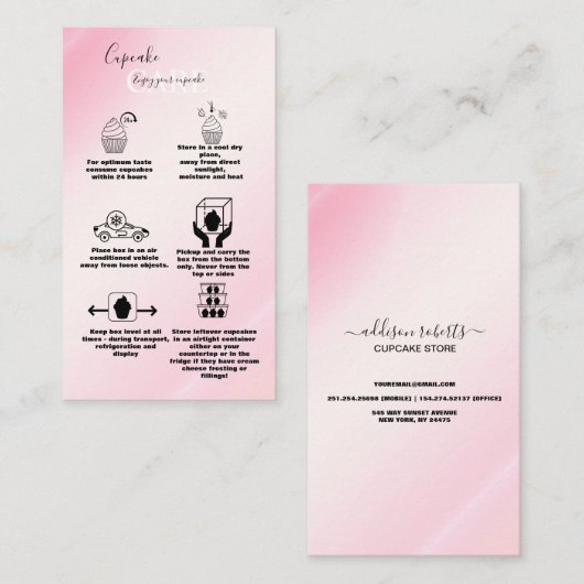 Modernes Pink Gold Aquarell Cupcake Care Business Visitenkarte (Vorne/Hinten)