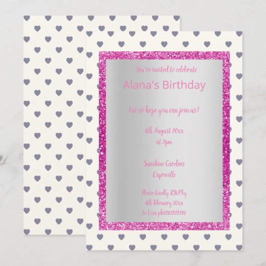 MODERNES PINK GRAU HERZ JEDEN ANLASS PARTY Gold Einladung (Vorne/Hinten)