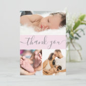 Modernes Pink Gray Baby Girl Foto Collage Script Dankeskarte (Stehend Vorderseite)