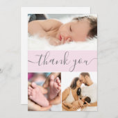 Modernes Pink Gray Baby Girl Foto Collage Script Dankeskarte (Vorne/Hinten)