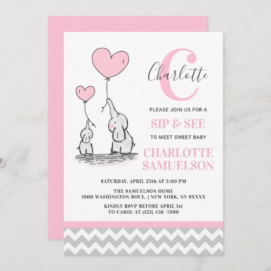Modernes Pink Gray Elephant SIP & SEE Baby Girl Einladung (Vorne/Hinten)