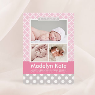 Modernes Pink Gray Muster Baby Girl Foto Birth Ankündigung