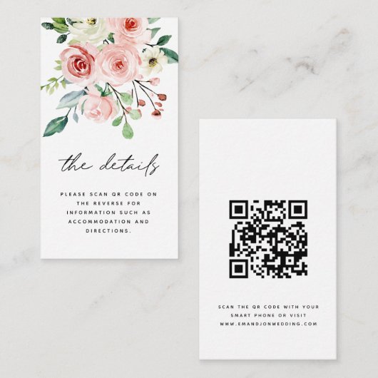 Modernes Pink Peach Florals QR Code Hochzeitsdetai Begleitkarte (Vorne/Hinten)