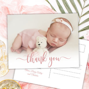 Modernes Pink Script Neugeborenes Foto Vielen Dank Postkarte