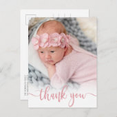 Modernes Pink Script Neugeborenes Foto Vielen Dank Postkarte (Vorne/Hinten)