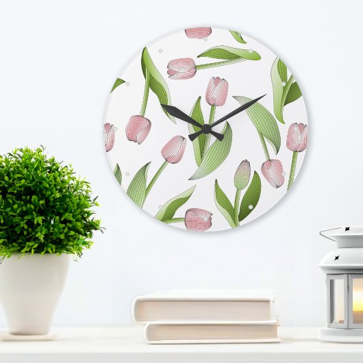 Modernes Pink Tulip Blume Muster Große Wanduhr
