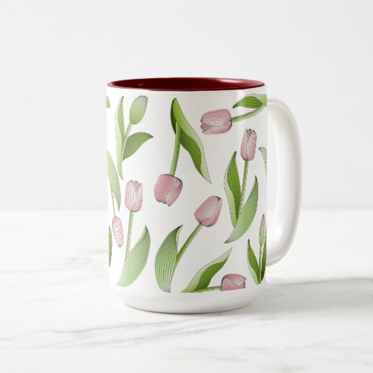 Modernes Pink Tulip Blume Muster Zweifarbige Tasse (VorderseiteRechts)