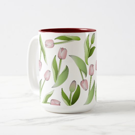 Modernes Pink Tulip Blume Muster Zweifarbige Tasse (Vorderseite Links)