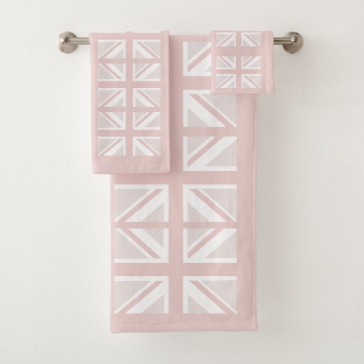 Modernes Pink UK Union Jack Flag Muster Badhandtuch Set (Insitu)