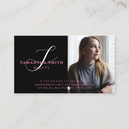 Modernes Pink und Back 4 Foto Script Monogram Visitenkarte (Vorderseite)