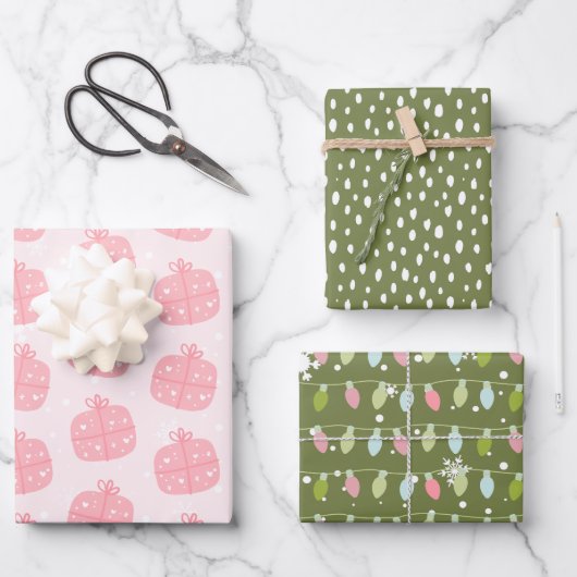 Modernes Pink und grünes Weihnachtswrapping Geschenkpapier Set (Vorderseite)