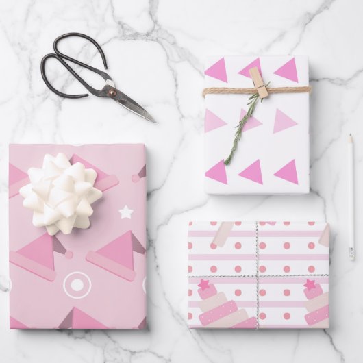 Modernes Pink Weihnachtsmuster Set 3 Geschenkpapier Set (Vorderseite)