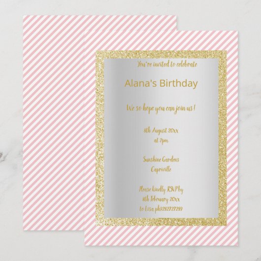 MODERNES PINK WHITE STRIPE JEDEN ANLASS PARTY Gold Einladung (Vorne/Hinten)