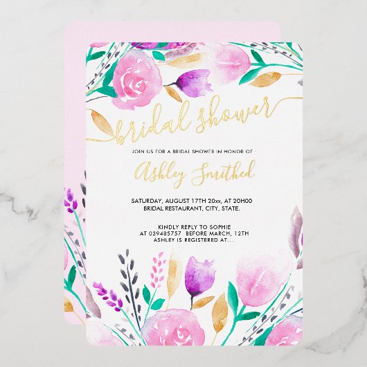 Modernes pinkfarbenes Brautparty in Aquarell Folieneinladung (Vorderseite/Rückseite)