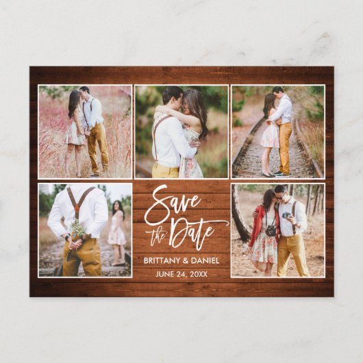 Modernes Pinsel Script Holz Save the Date 5 Foto Postkarte (Vorderseite)