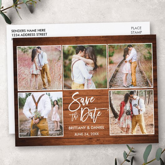 Modernes Pinsel Script Holz Save the Date 5 Foto Postkarte