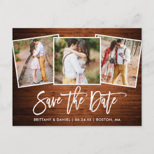 Modernes Pinsel Script Wood Save the Date 3 Foto Postkarte