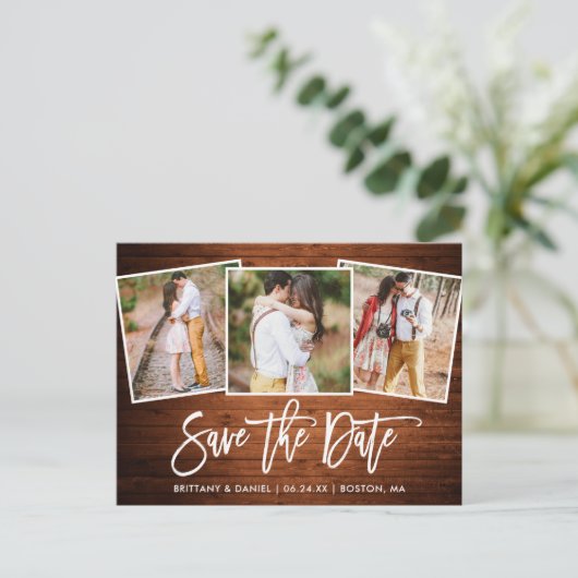 Modernes Pinsel Script Wood Save the Date 3 Foto Postkarte (Stehend Vorderseite)