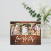 Modernes Pinsel Script Wood Save the Date 3 Foto Postkarte (Stehend Vorderseite)