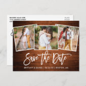 Modernes Pinsel Script Wood Save the Date 3 Foto Postkarte (Vorne/Hinten)