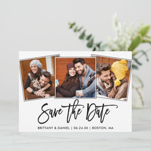 Modernes Pinselskript 3 FotoCollage Save The Date (Stehend Vorderseite)