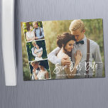 Modernes Pinselskript 4 Foto Magnetic Rettete unse Magnetkarte<br><div class="desc">Modernes Pinselskript Rettete Unsere Date Verlobung Couple 4 Foto Magnet Card - Weiße Schrift</div>