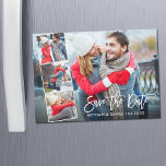 Modernes Pinselskript 4 Foto Magnetisch Save the D Magnetkarte<br><div class="desc">Modern Brush Script Save the Date Verlobung Paar 4 Foto Magnet Card - Weiße Schrift</div>