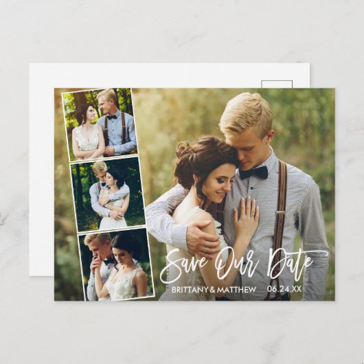 Modernes Pinselskript 4 Foto Rette unser Datum Postkarte (Vorne/Hinten)