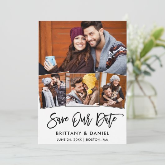 Modernes Pinselskript 4 Foto Rette unsere Date Car Save The Date (Stehend Vorderseite)