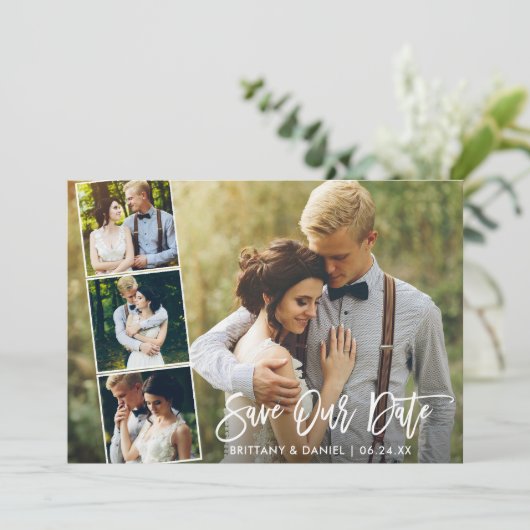 Modernes Pinselskript 4 Foto Rette unsere Date Car Save The Date (Stehend Vorderseite)