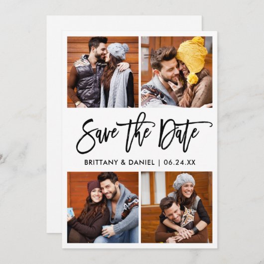 Modernes Pinselskript 4 FotoCollage Save The Date (Vorne/Hinten)
