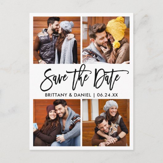 Modernes Pinselskript 4 FotoCollage Save the Date Postkarte (Vorderseite)